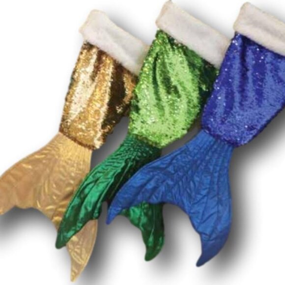 Mermaid Tail Sequin Christmas Holiday Stocking in Gold, Green & Blue - Picture 2 of 2